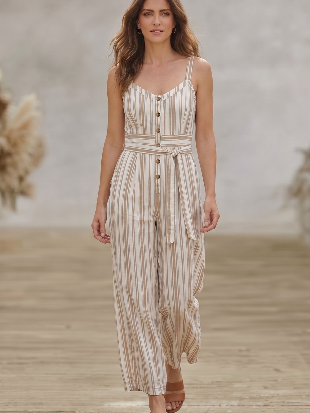 Loft Striped Linen Blend Jumpsuit Size 14 Tan Cream Wide Leg